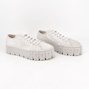 Prada White Sequin Double Wheel Platform Sneakers Size 39 US 9 Women's Low Top
